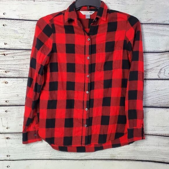 Old Navy Women's Small Classic Flannel Shirt Red Black Buffalo Plaid Long Sleeve - Picture 1 of 5